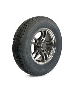 175/80R13 6 ply LRC 1360 lbs radial Castle Rock tire and 13" 5 holes aluminum Jaguar rim