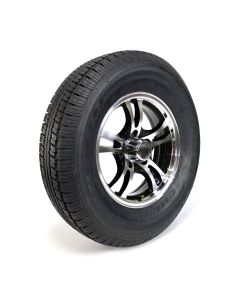225/75R15 8 ply LRD 2540 lbs radial Castle Rock tire and 15" 5 holes black aluminum Jaguar rim