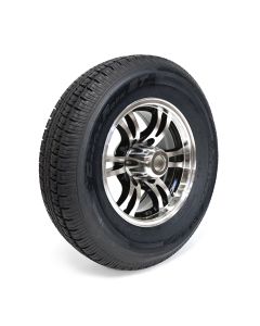 225/75R15 10 ply LRE 2830 lbs radial Castle Rock tire and 15" 6 holes black aluminum Jaguar rim