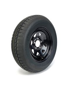 205/75R14 6 ply LRC 1760 lbs radial Castle Rock tire and 14" 5 holes black rally rim with valve protector