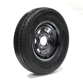 Pneu radial 225/75R15 6 plis LRC 2150 lbs Sterling et jante 15" 6 trous noire rally