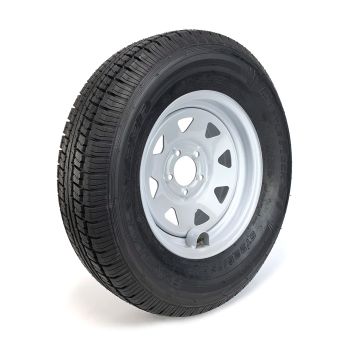 Pneu radial 225/75R15 8 plis LRD 2540 lbs Castle Rock et jante 15" 5 trous rally et protège valve