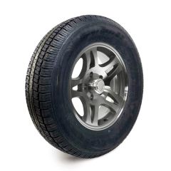 Pneu radial 205/75R15 6 plis LRC 1820 lbs Castle Rock et jante 15" 5 trous aluminium modèle-S5