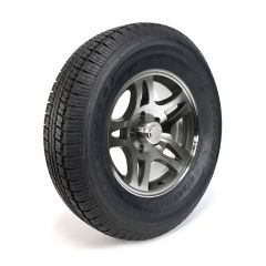 Pneu radial 225/75R15 8 plis LRD 2540 lbs Castle Rock et jante 15" 5 trous aluminium modèle-S5