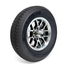 225/75R15 10 ply LRE 2830 lbs radial Castle Rock tire and 15" 6 holes black aluminum Condor rim