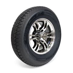 225/75R15 10 ply LRE 2830 lbs radial Castle Rock tire and 15" 6 holes black aluminum Jaguar rim