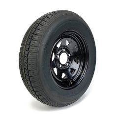205/75R14 6 ply LRC 1760 lbs radial Castle Rock tire and 14" 5 holes black rally rim with valve protector