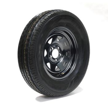 225/75R15 6 ply LRC 2150 lbs radial Sterling tire and 15" 5 holes black rally rim 225/75R15 6 ply LRC 2150 lbs radial Sterling tire and 15" 5 holes black rally rim