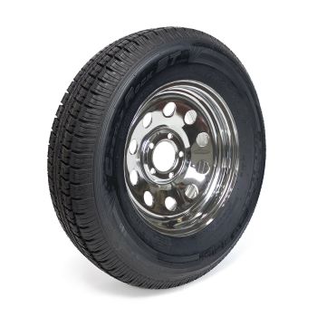 Pneu radial 225/75R15 10 plis LRE 2830 lbs Castle Rock et jante 15" 5 trous chrome Pneu radial 225/75R15 10 plis LRE 2830 lbs Castle Rock et jante 15" 5 trous chrome