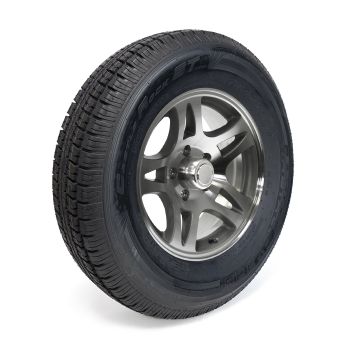Pneu radial 225/75R15 10 plis LRE 2830 lbs Castle Rock et jante 15" 5 trous aluminium modèle-S5 Pneu radial 225/75R15 10 plis LRE 2830 lbs Castle Rock et jante 15" 5 trous aluminium modèle-S5