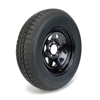 Pneu radial 205/75R14 6 plis LRC 1760 lbs Castle Rock et jante 14" 5 trous rally noire avec protège-valve Pneu radial 205/75R14 6 plis LRC 1760 lbs Castle Rock et jante 14" 5 trous rally noire avec protège-valve